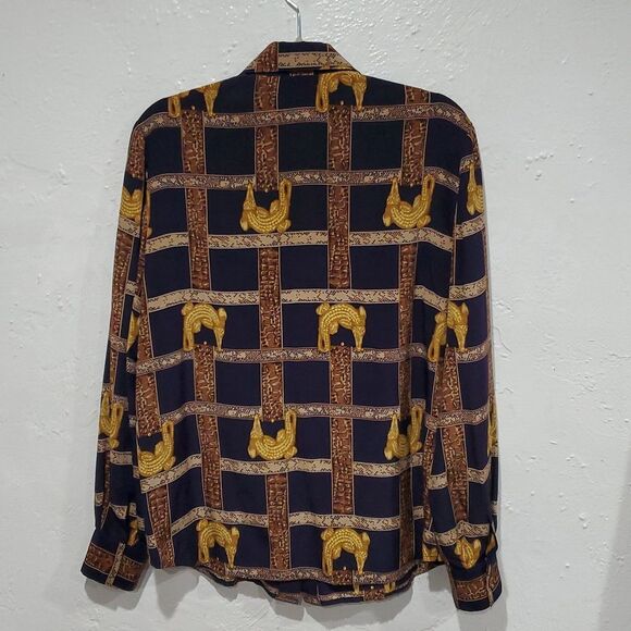 Vintage Carlisle 100% Silk Navy and Gold Alligator Patterned Shirt Size 10 - Picture 5 of 11